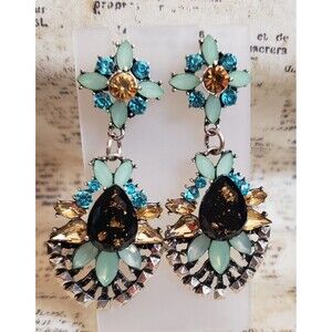 Vintage Colorful Art Deco Artistic Rhinestone Dangle, Large, Pierced Earrings